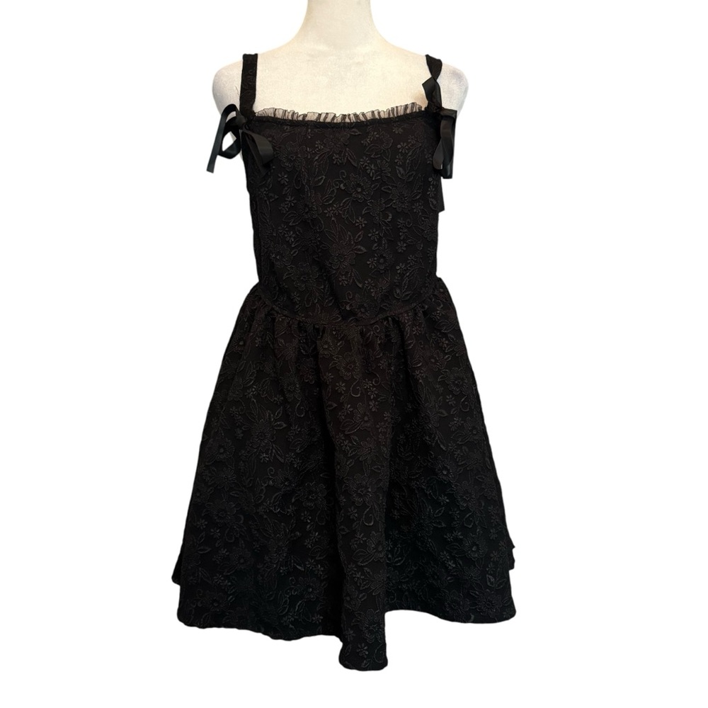 Francesca’s Mini Dress Black Paulene Jacquard Bow Straps Prom Homecoming Elegant